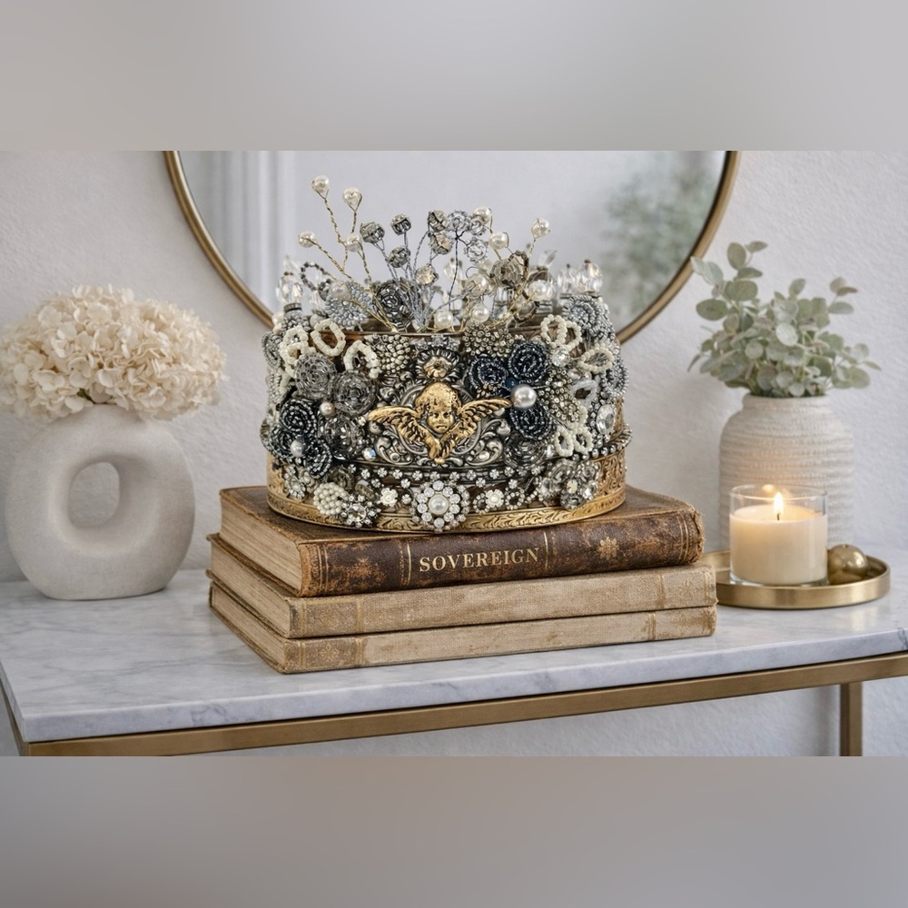 Sovereign Decor Crown – Antique Silver Cherub Crown, Beaded Crystal Statement